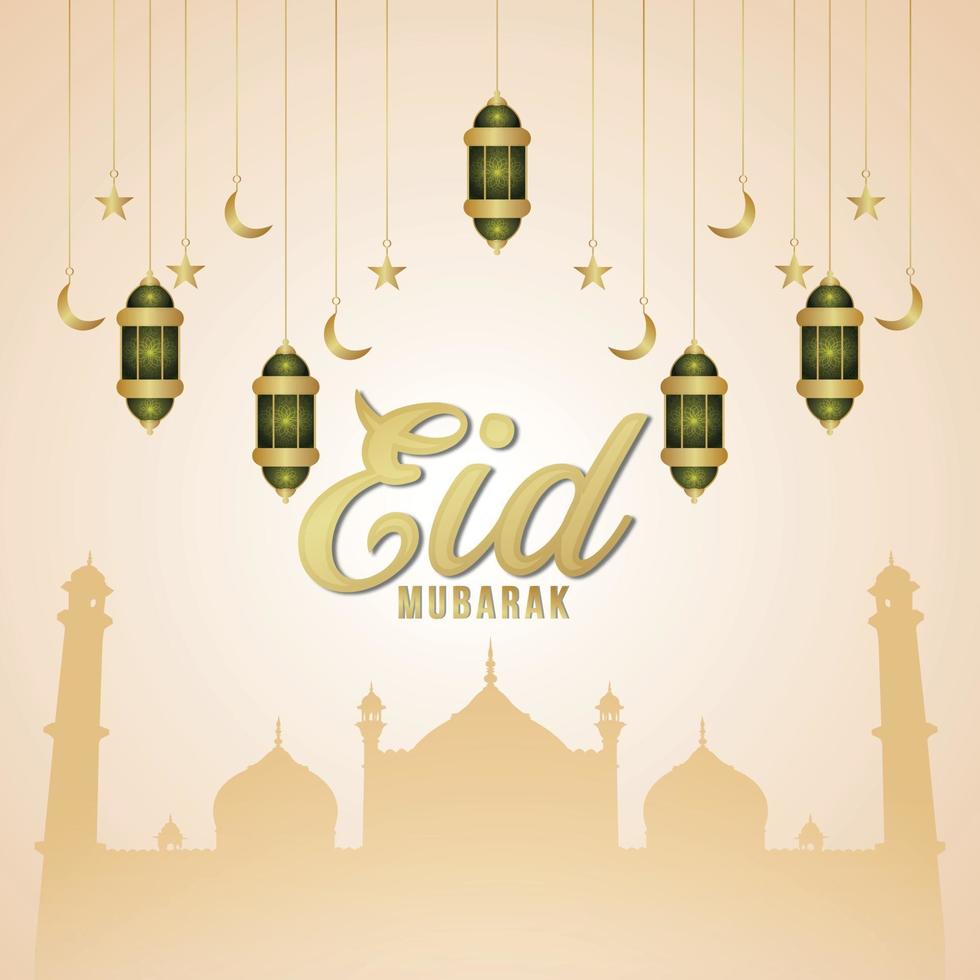 Tarjeta de felicitación de invitación al festival islámico eid mubarak con elegante con linterna dorada sobre fondo blanco. vector