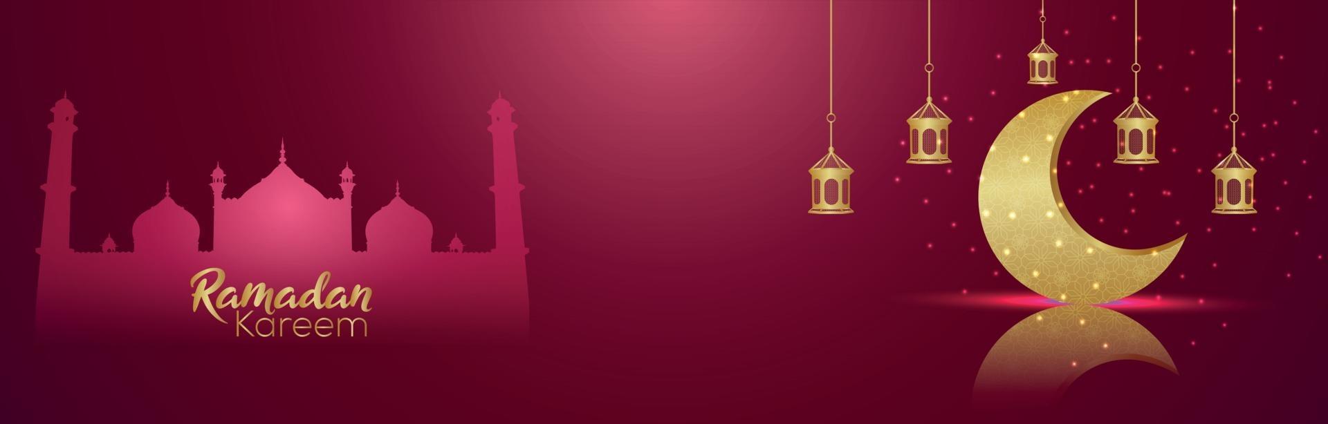 Eid mubarak islamic background with vector illustration of golden lantern and moon