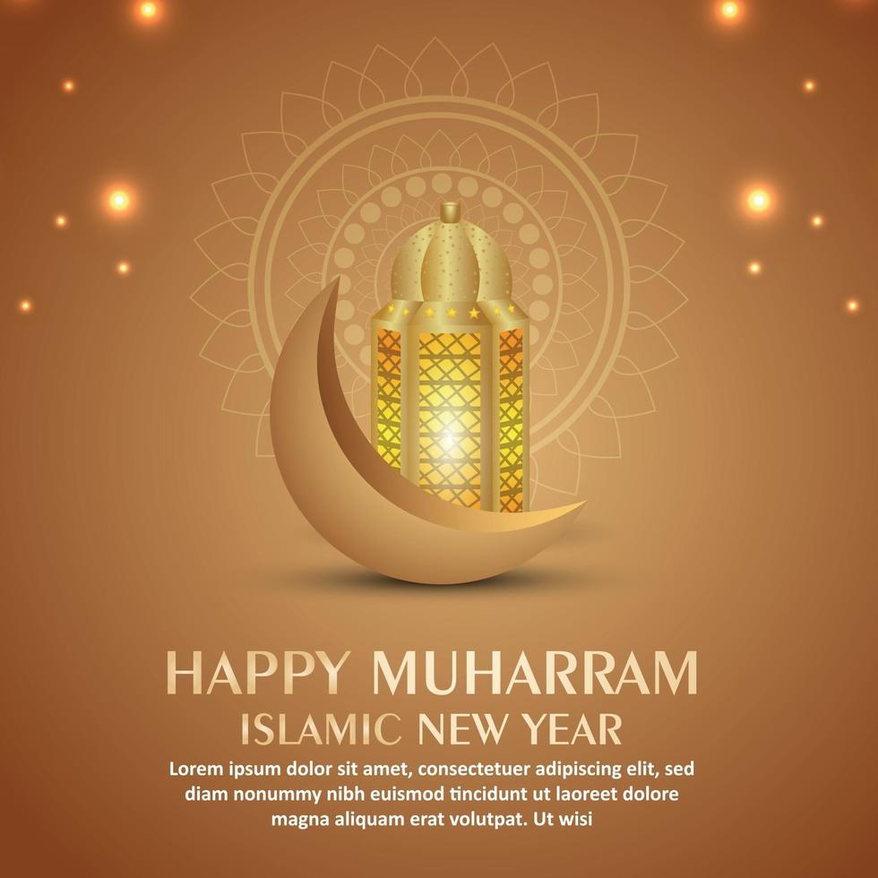 Happy muharram islamic new year invitation greeting card with golden moon and lantern vector