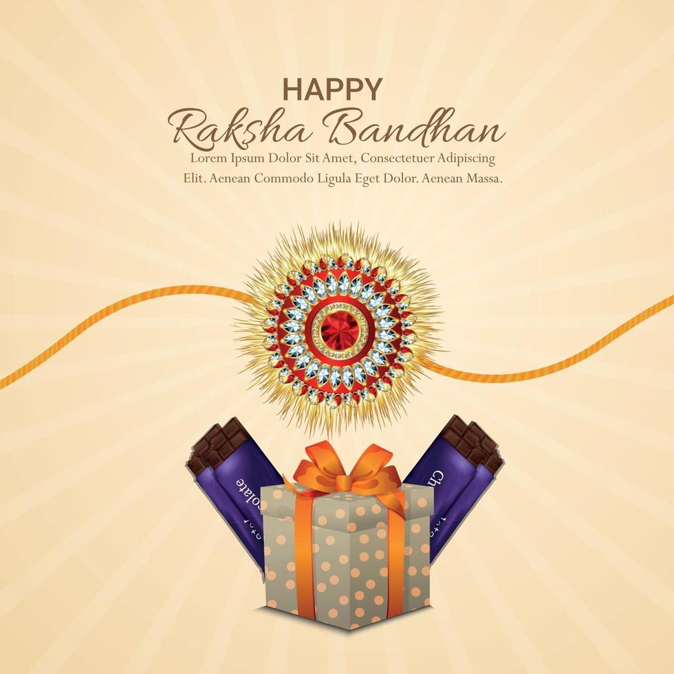 Indian festival happy raksha bandhan celebration greeting card with crystal rakhi and gifts vector