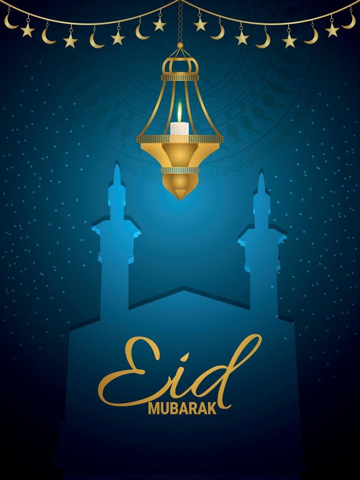 Eid mubarak islamic festival with golden lantern and mosque on blue background vector