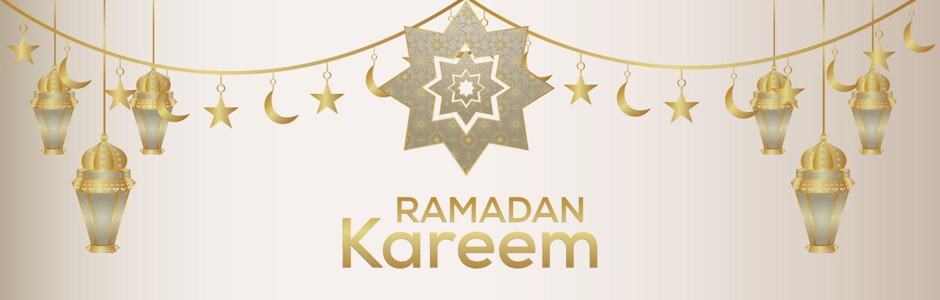 Ramadan kareem islamic festival banner or header with golden lantern vector