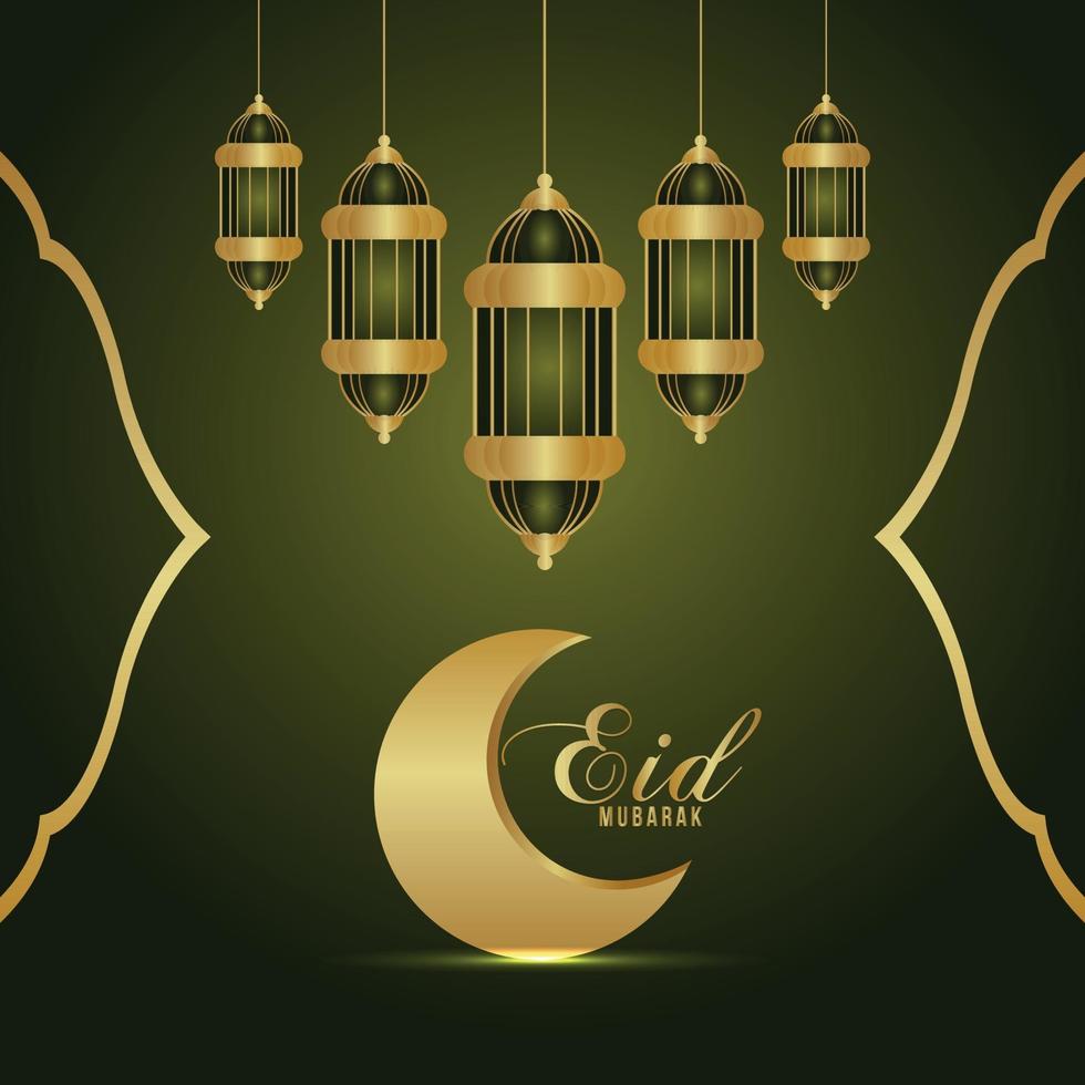 Eid mubarak or ramadan kareem celebration vector illustration and background with golden moon and lantern