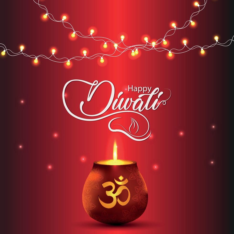 Happy diwali indian festival background with glowing om kalash and diwali lights vector