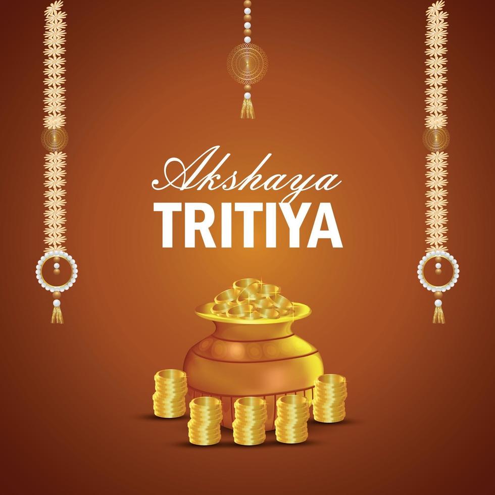 Akshaya tritiya indian festival of jewellery sale promotion with gold coin pot and traditional kalash vector