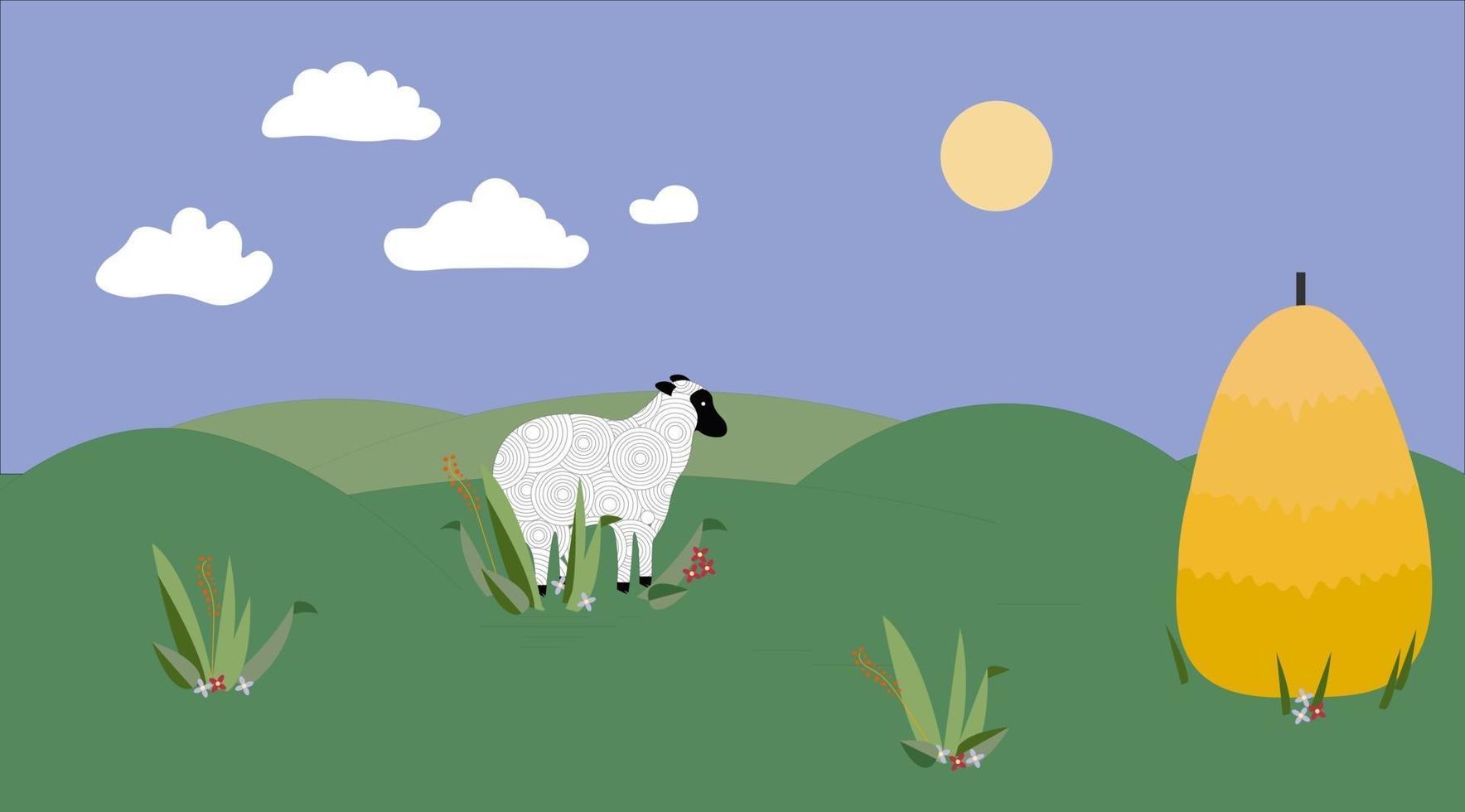 A white sheep on a green meadow with a haymow Concept vector illustration