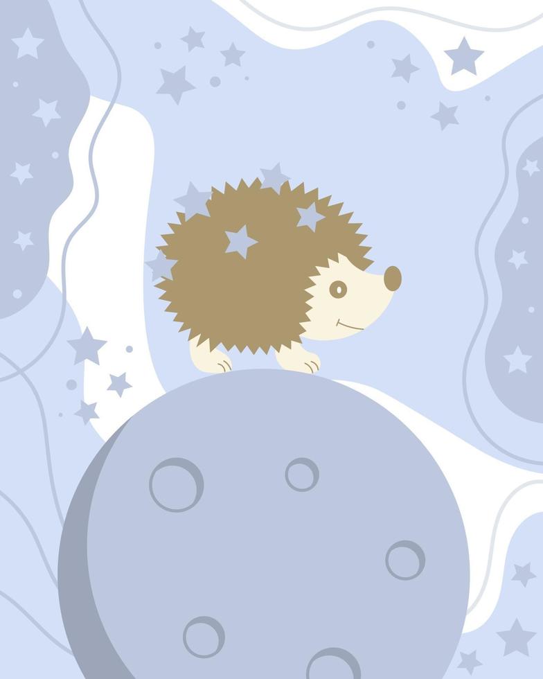 A cute hedgehog is walking on the moon and carrying stars Concept vector illustration