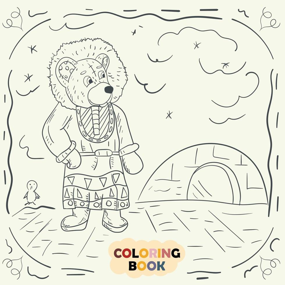 libro para colorear para niños pequeños ilustración de contorno en el estilo del oso de peluche del doodle en el traje nacional del esquimal vector