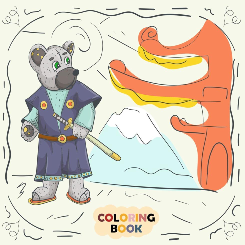 Book color contour illustration for small children in the style of doodle Teddy Bear in the national Japanese kimono samurai costume vector