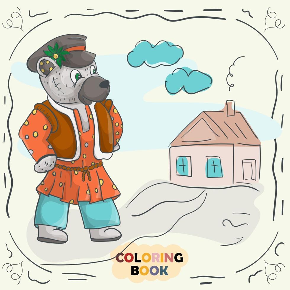 Book color contour illustration for small children in the style of doodle Teddy bear in the national Russian costume vector