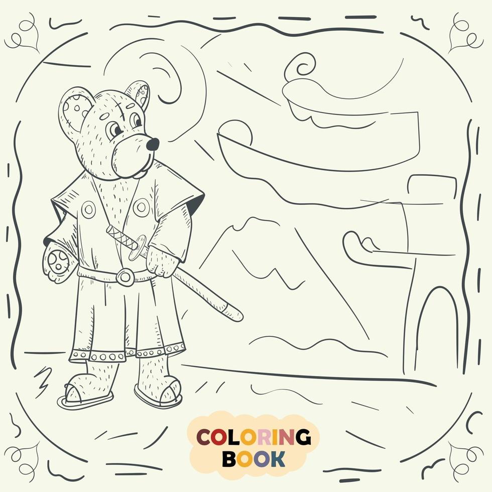 Coloring book for young children contour illustration in the style of doodle Teddy bear in the national Japanese samurai costume vector