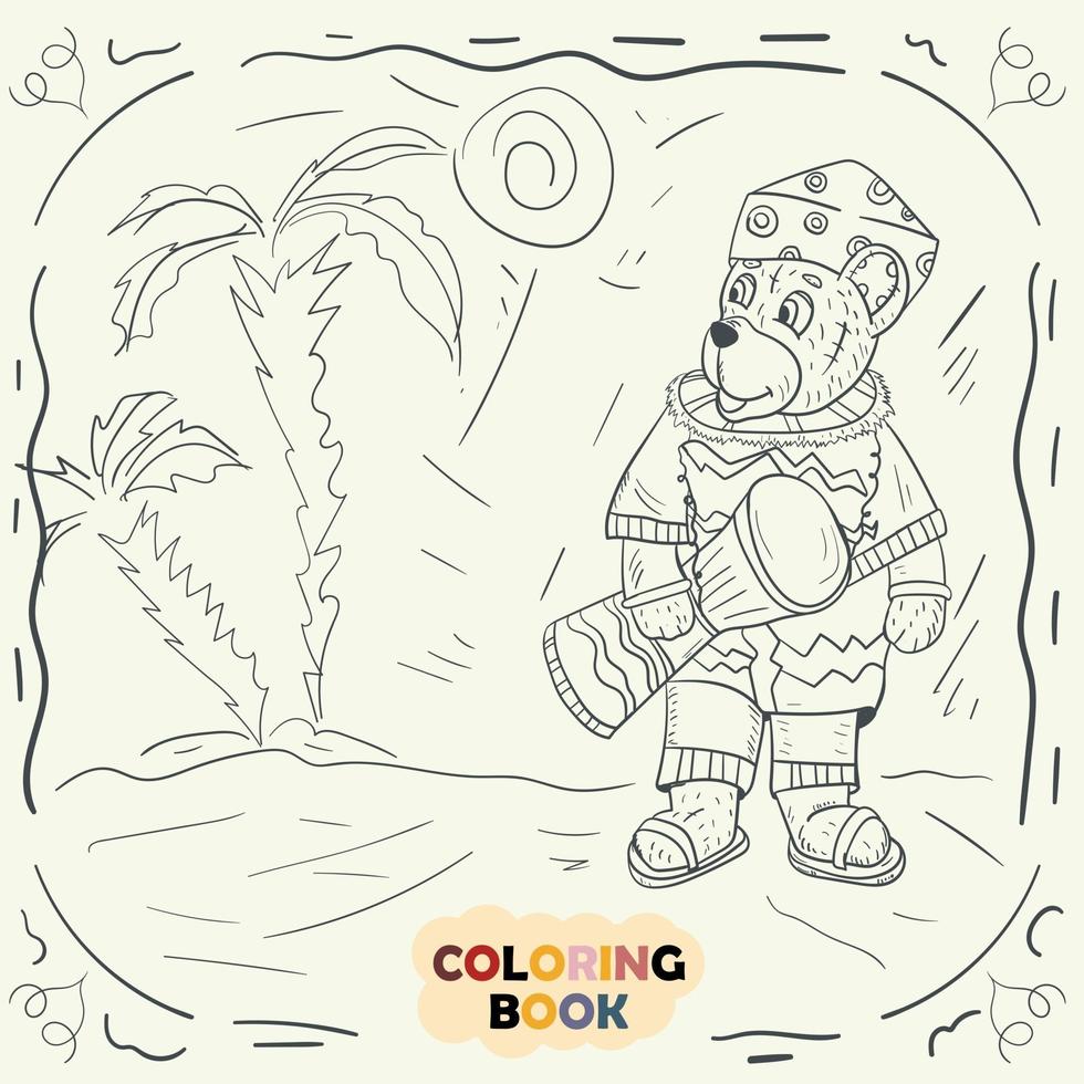 Coloring book for young children contour illustration in the style of doodle Teddy bear in the national costume of the Nigerian vector