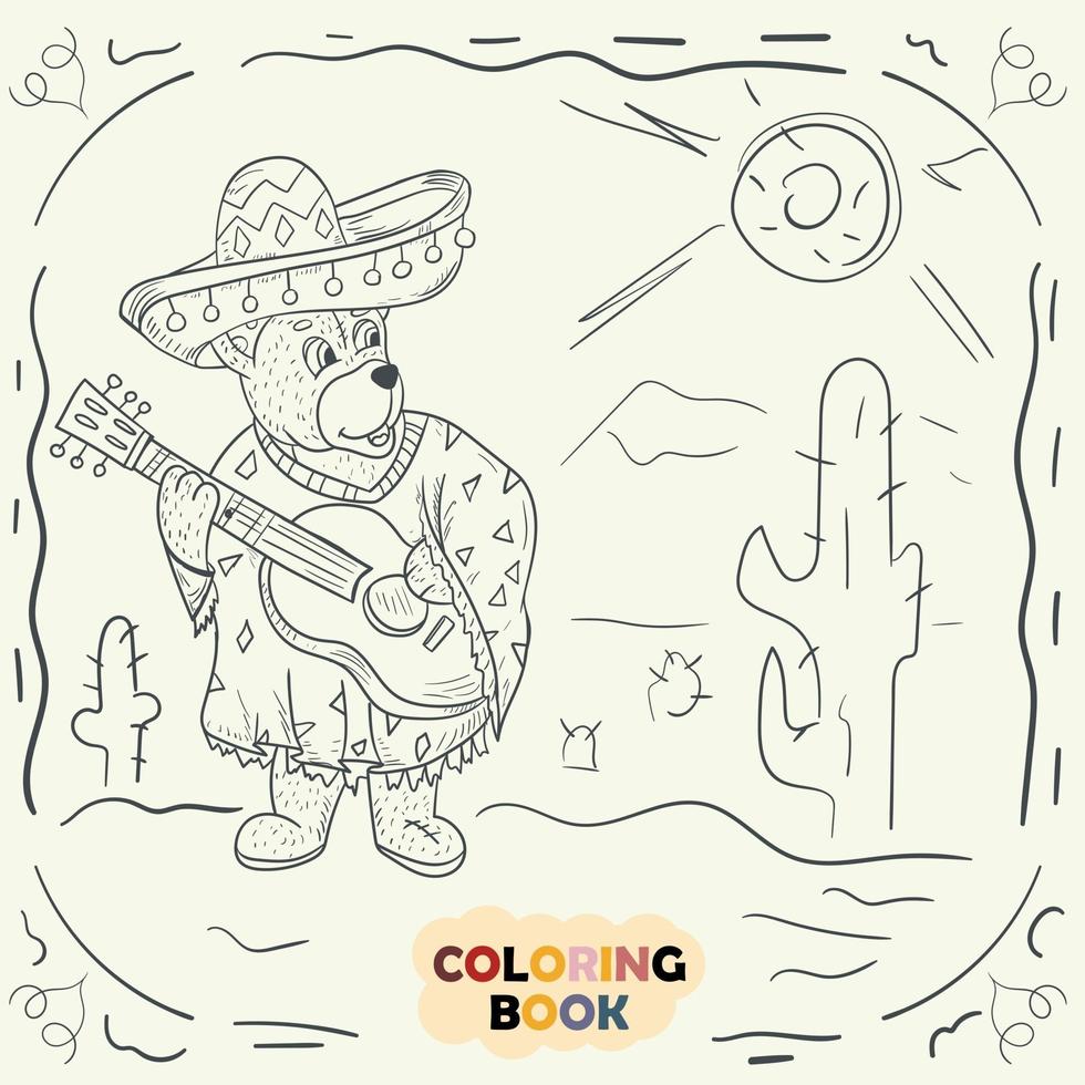 libro para colorear para niños pequeños ilustración de contorno en el estilo de doodle oso de peluche con una guitarra en el traje nacional de un mexicano vector