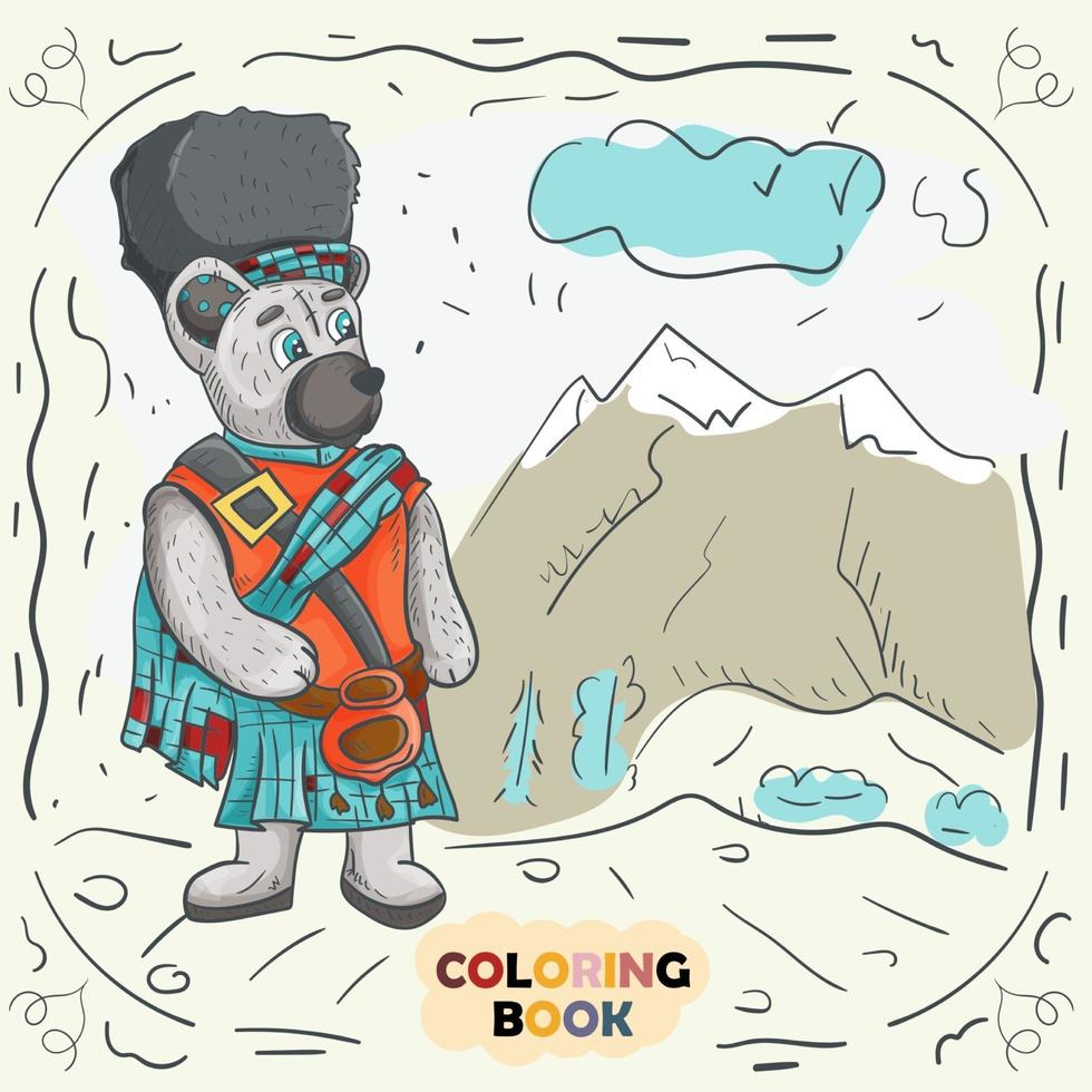 Book color contour illustration for small children in the style of doodle Teddy bear in the national costume of the Scotsman vector