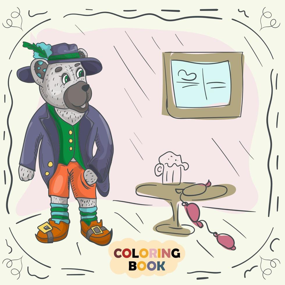 Book color contour illustration for small children in the style of doodle Teddy bear in the national costume of the German vector