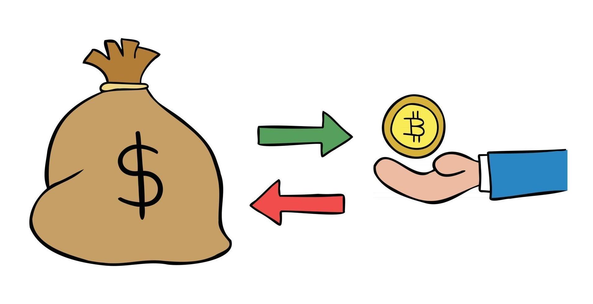 ilustración vectorial de dibujos animados de un saco de dólares y 1 intercambio de bitcoin vector