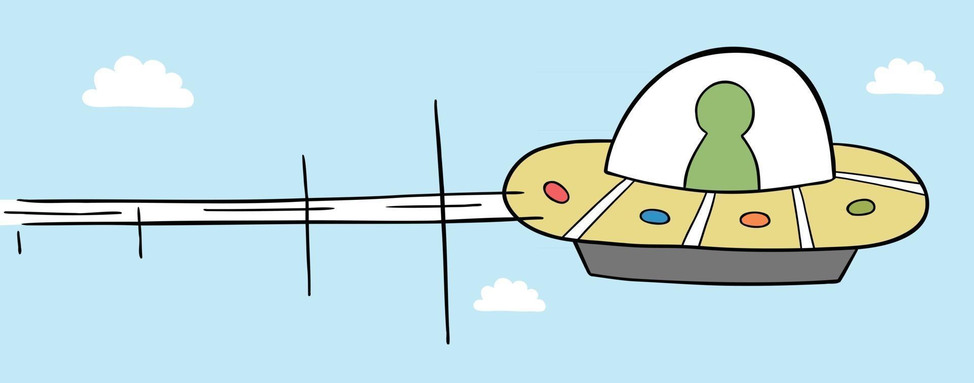 Cartoon Vector Illustration of UFO Flying in the Sky