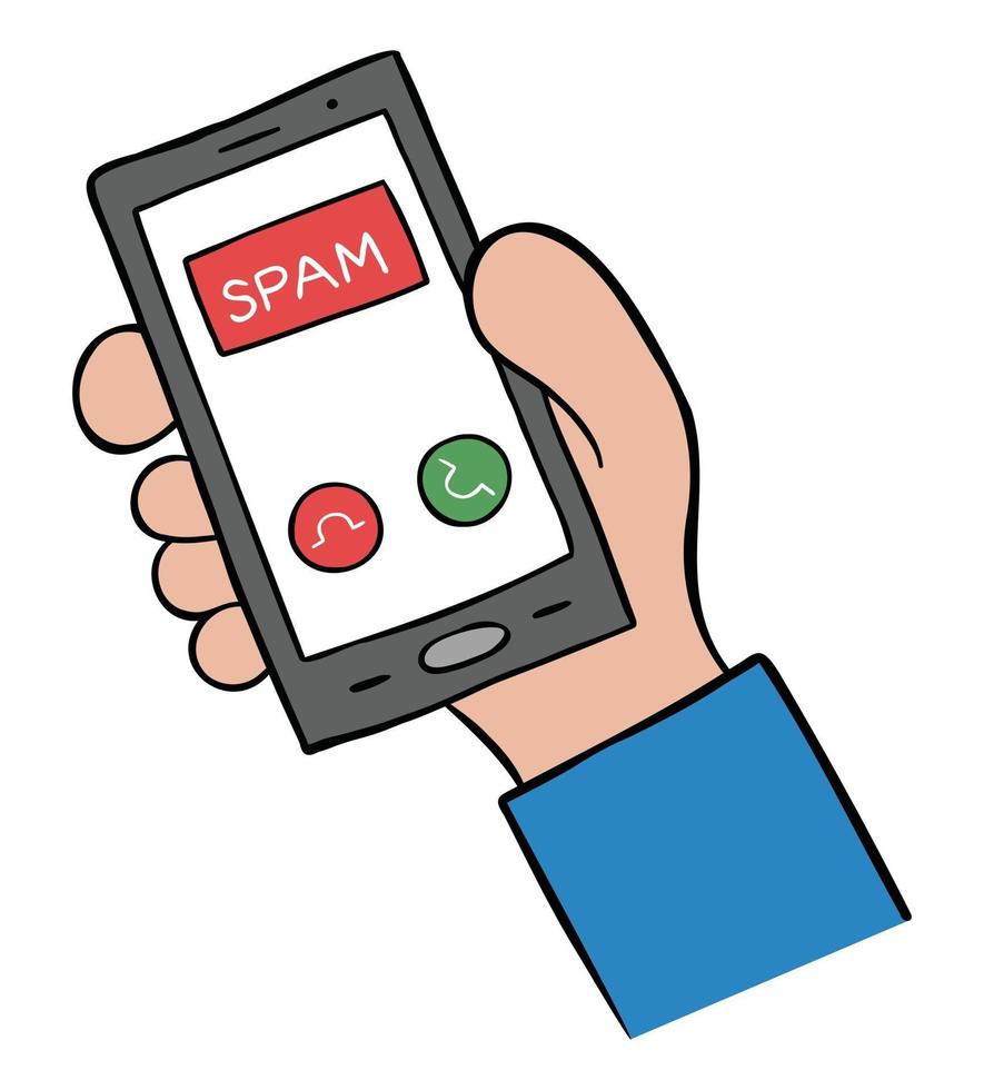 Cartoon Vector Illustration of Man Holding Smartphone and Spam Call