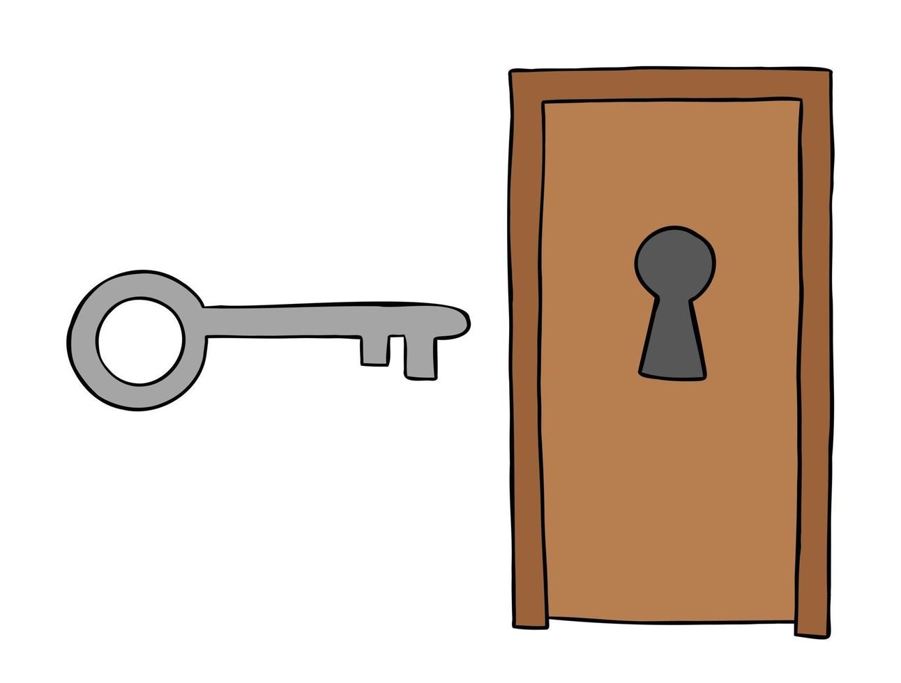 Ilustración de vector de dibujos animados de puerta de madera con ojo de cerradura grande y llave grande