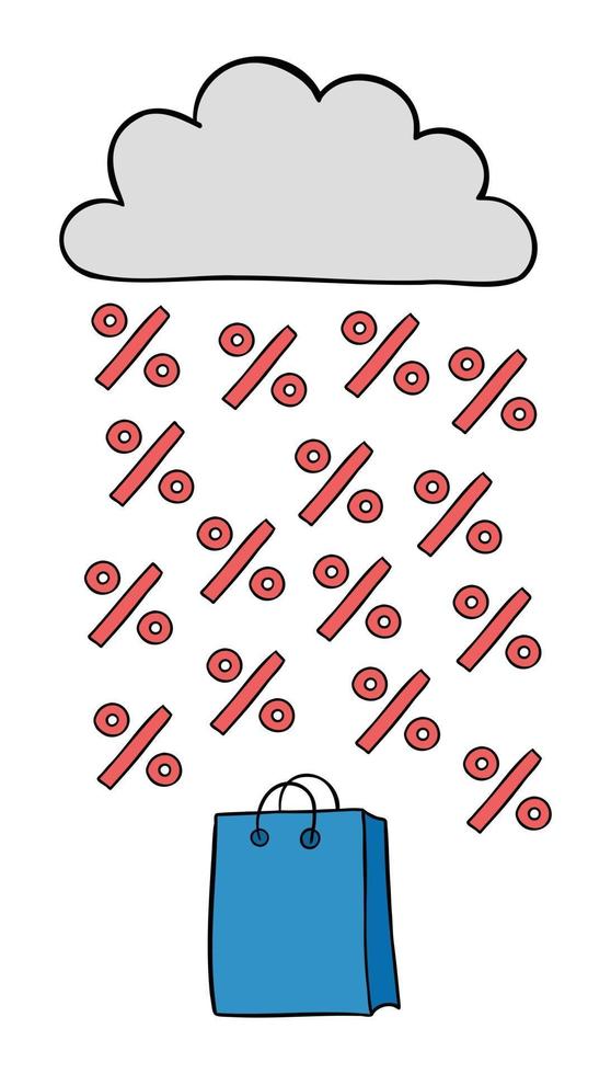 Cartoon Vector Illustration of Shopping Bag Cloud and Discount Rain