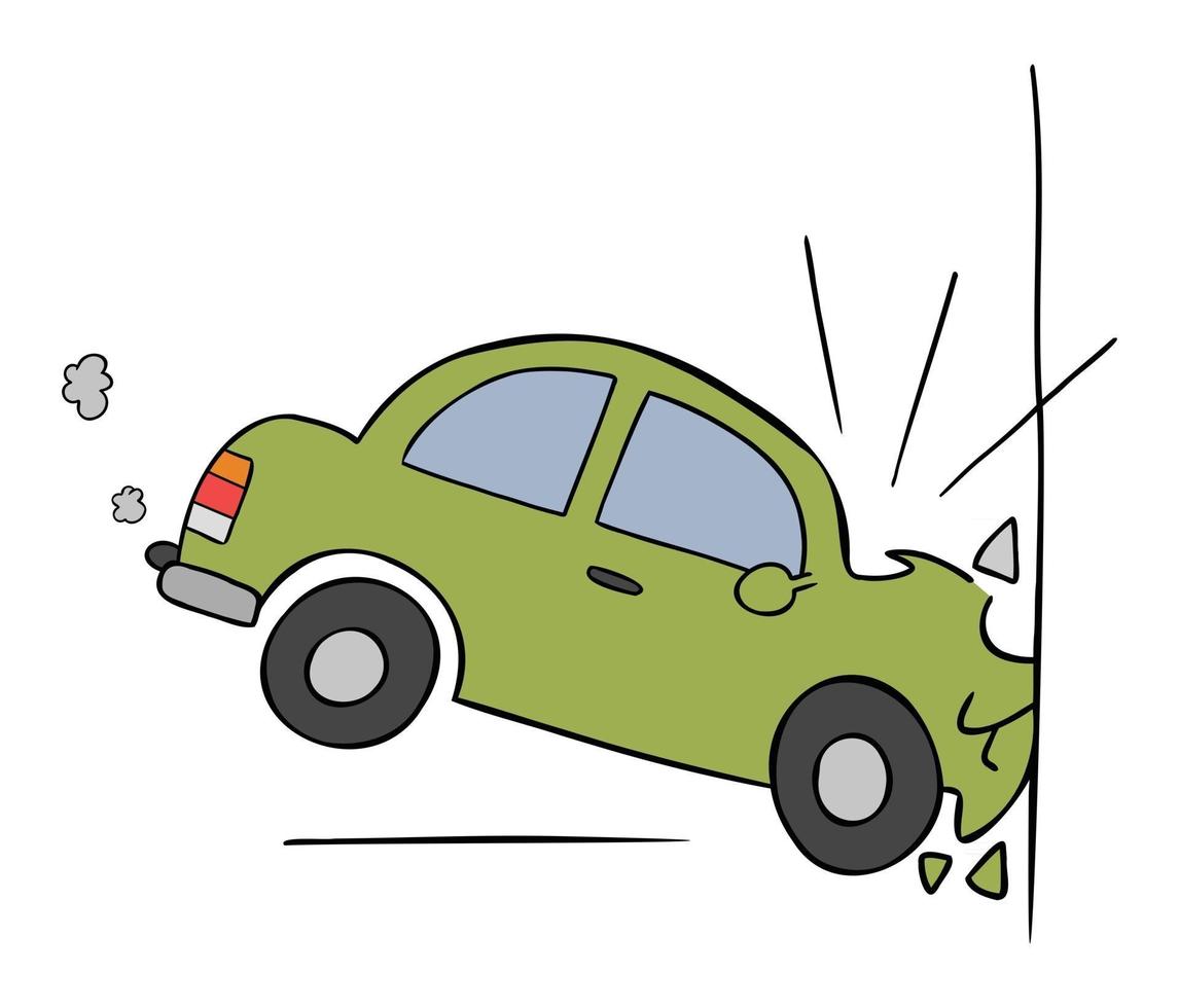 Ilustración de vector de dibujos animados de accidente de coche chocando contra la pared