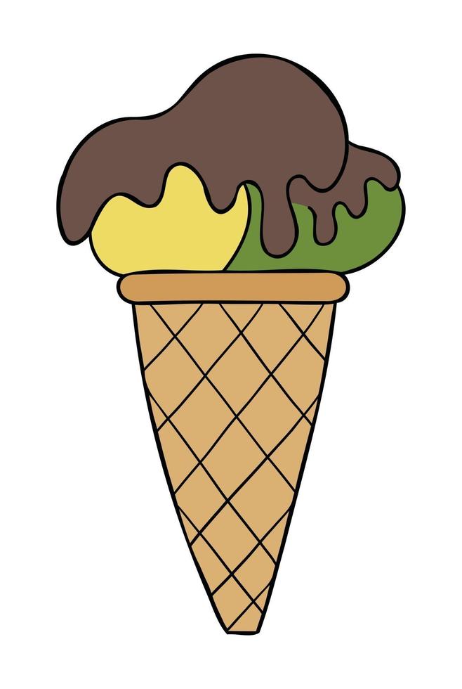 Cartoon Vector Illustration of Cone Ice Cream with Chocolate Sauce on Top
