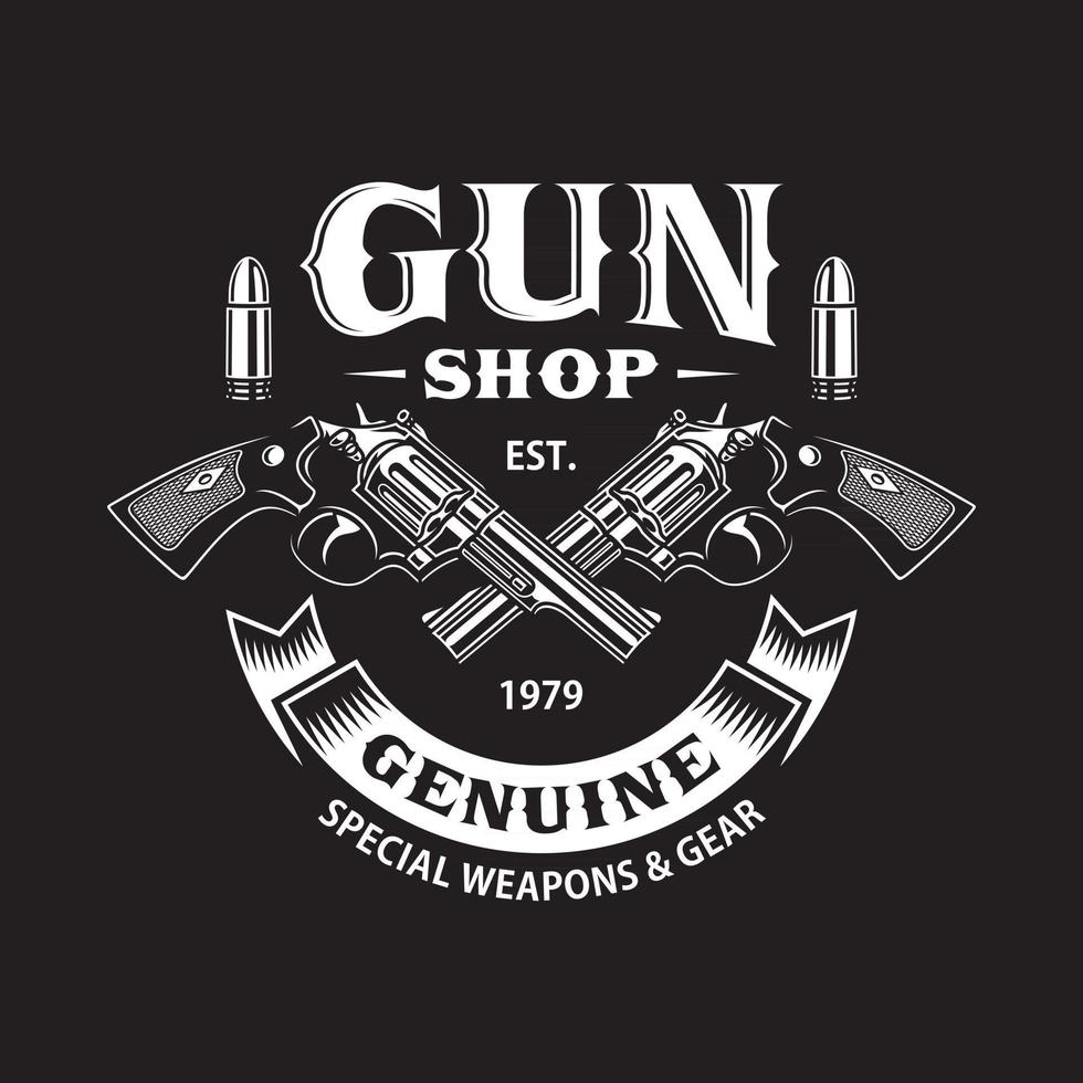 Emblema de la tienda de armas con pistolas cruzadas sobre negro vector