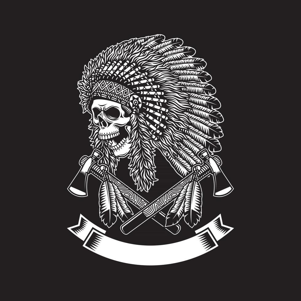 American Indian Chief Skull With Tomahawks On Black vector