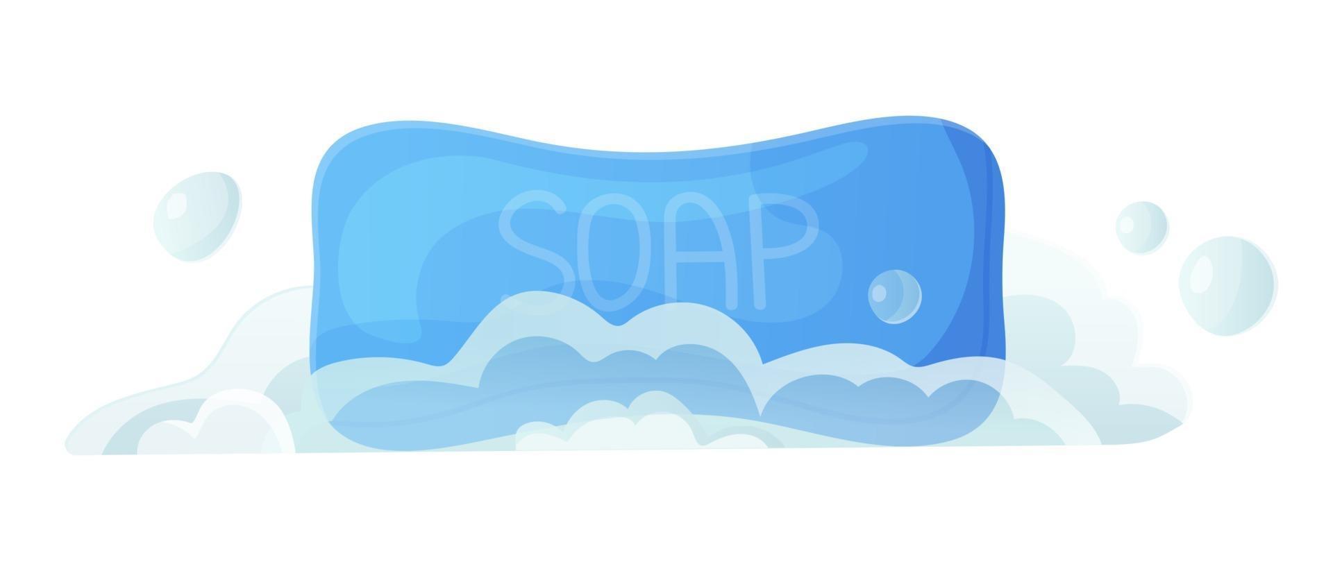 jabón sólido azul con burbujas y espuma higiene limpia fresca cuidado de la piel lavado de manos cosmético accesorios de baño concepto stock vector ilustración en estilo de dibujos animados plano aislado en blanco