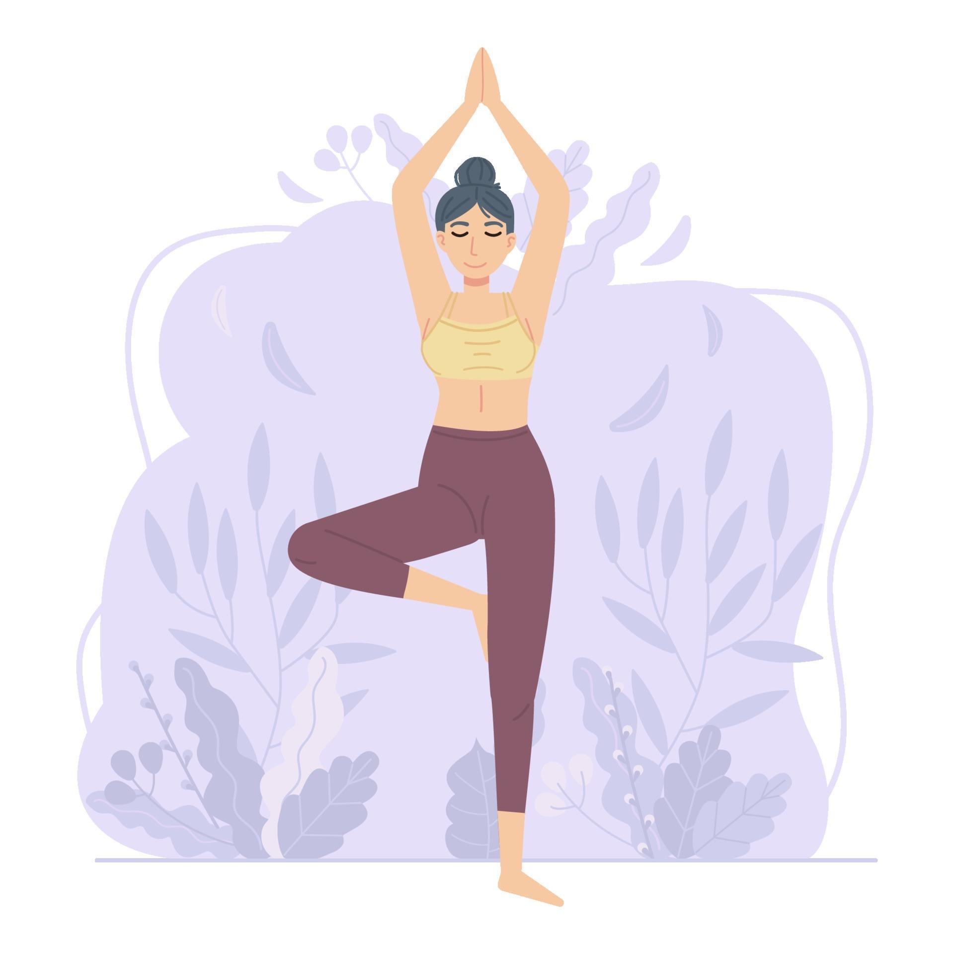 Yoga Day Girl in tree pose on abstract flower and leaf background Can ...