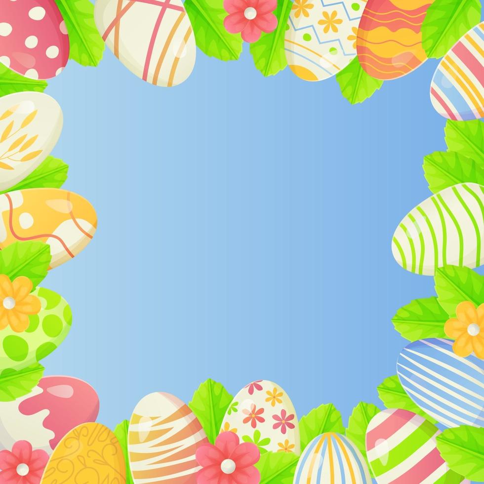 Fondo cuadrado de Pascua de primavera con espacio de copia huevos decorados con flores y hojas bordeadas en los bordes sobre fondo azul. vector