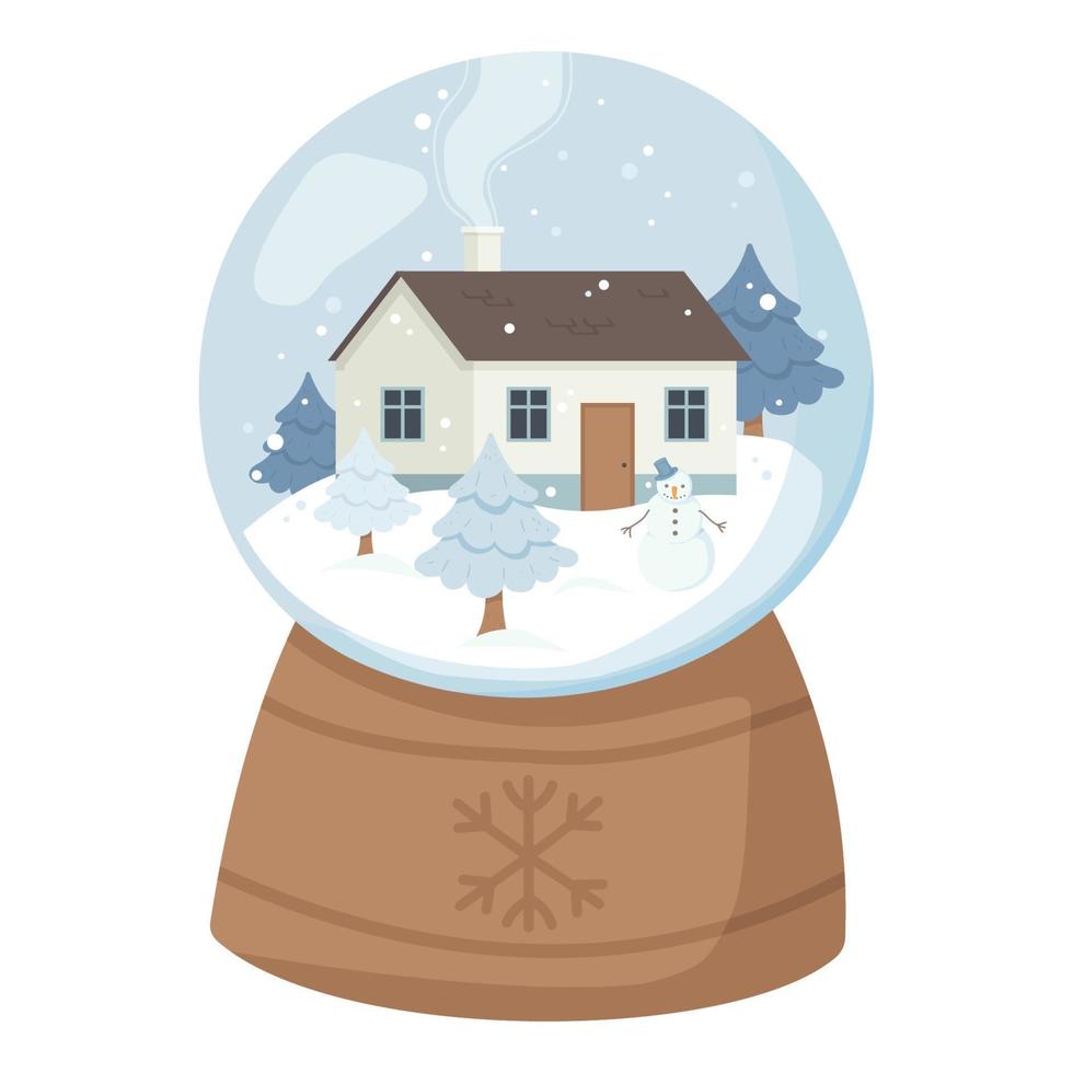 Cartoon Christmas ball House with smoke from the chimney surrounded by Christmas trees covered with snow and snowman into the glass globe  Stock vector illustration isolated on white in flat style