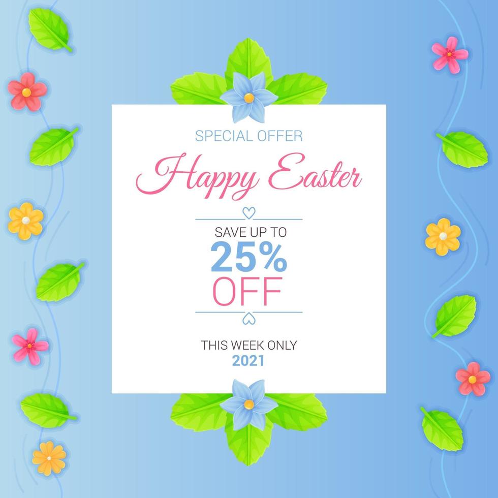 Square Easter sale banner with eggs lives and flowers Spring season promotion discount flayer special offer typography template concept Stock vector illustration in cartoon realistic style