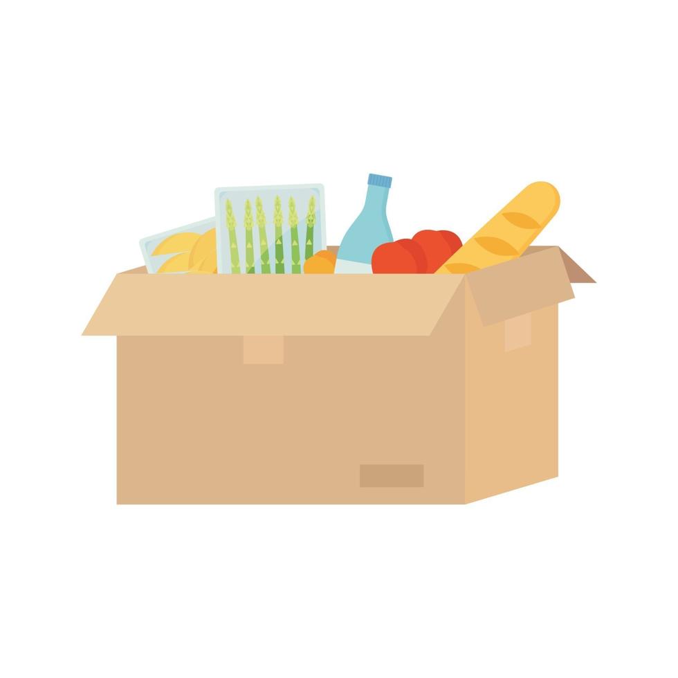 Caja de cartón abierta con comida, entrega de alimentos, transporte, concepto, stock, vector, ilustración, aislado, blanco, plano de fondo, en, plano, caricatura, estilo vector