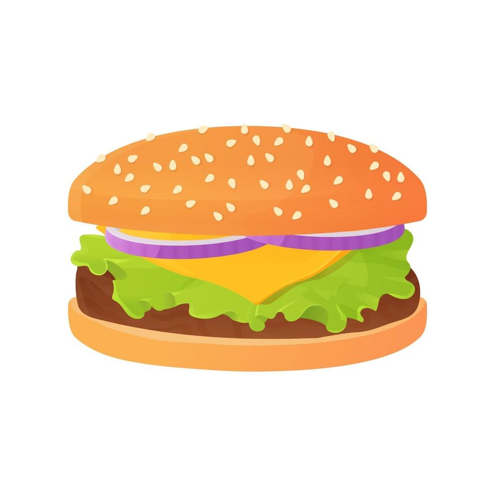 deliciosa hamburguesa con queso de dibujos animados con cebolla y ensalada o lechuga bistec de ternera y pan con sésamo concepto de comida rápida ilustración de vector stock de almuerzo insalubre aislado sobre fondo blanco en estilo plano