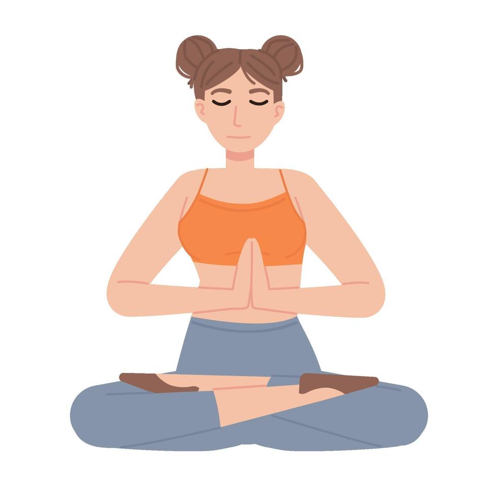 linda chica en asana de loto con las manos unidas y los ojos cerrados meditación salud mental relajación yoga fitness gestión del estrés concepto stock vector ilustración aislada sobre fondo blanco en estilo de dibujos animados plana