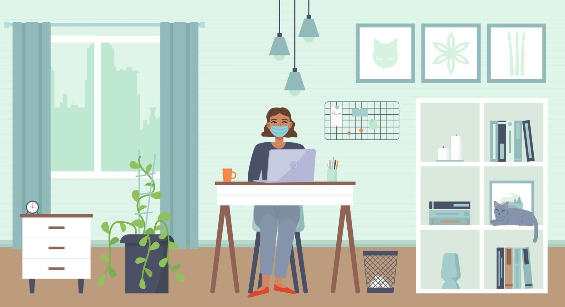 African American woman sitting with laptop at home with mask Cozy interior Home office Working home freelance remote work online education quarantine covid19 concept Stock vector illustration