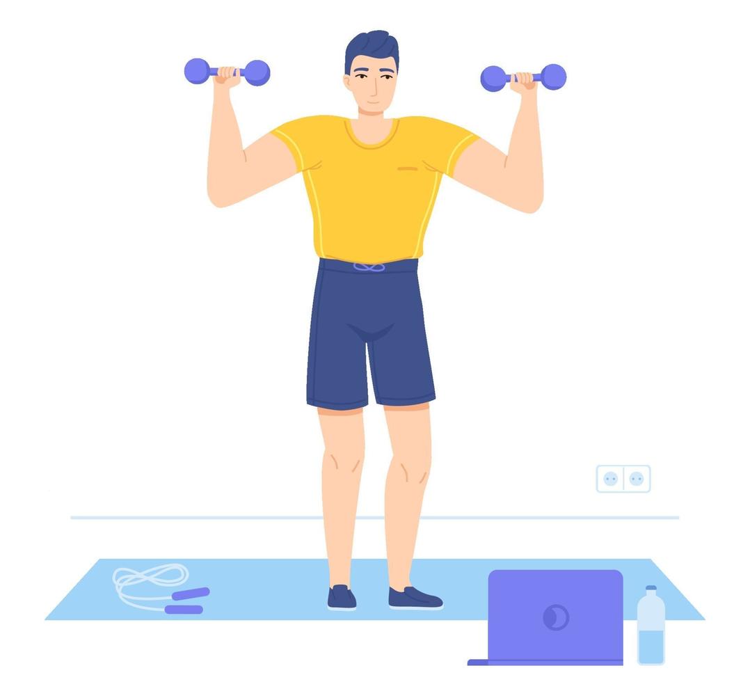 Hombre de pie sobre una colchoneta levantando mancuernas durante la visualización de videos educativos, entrenamiento en línea, ganancias musculares, entrenamiento en el hogar, brazo, concepto de construcción muscular, ilustración vectorial de stock en estilo plano vector