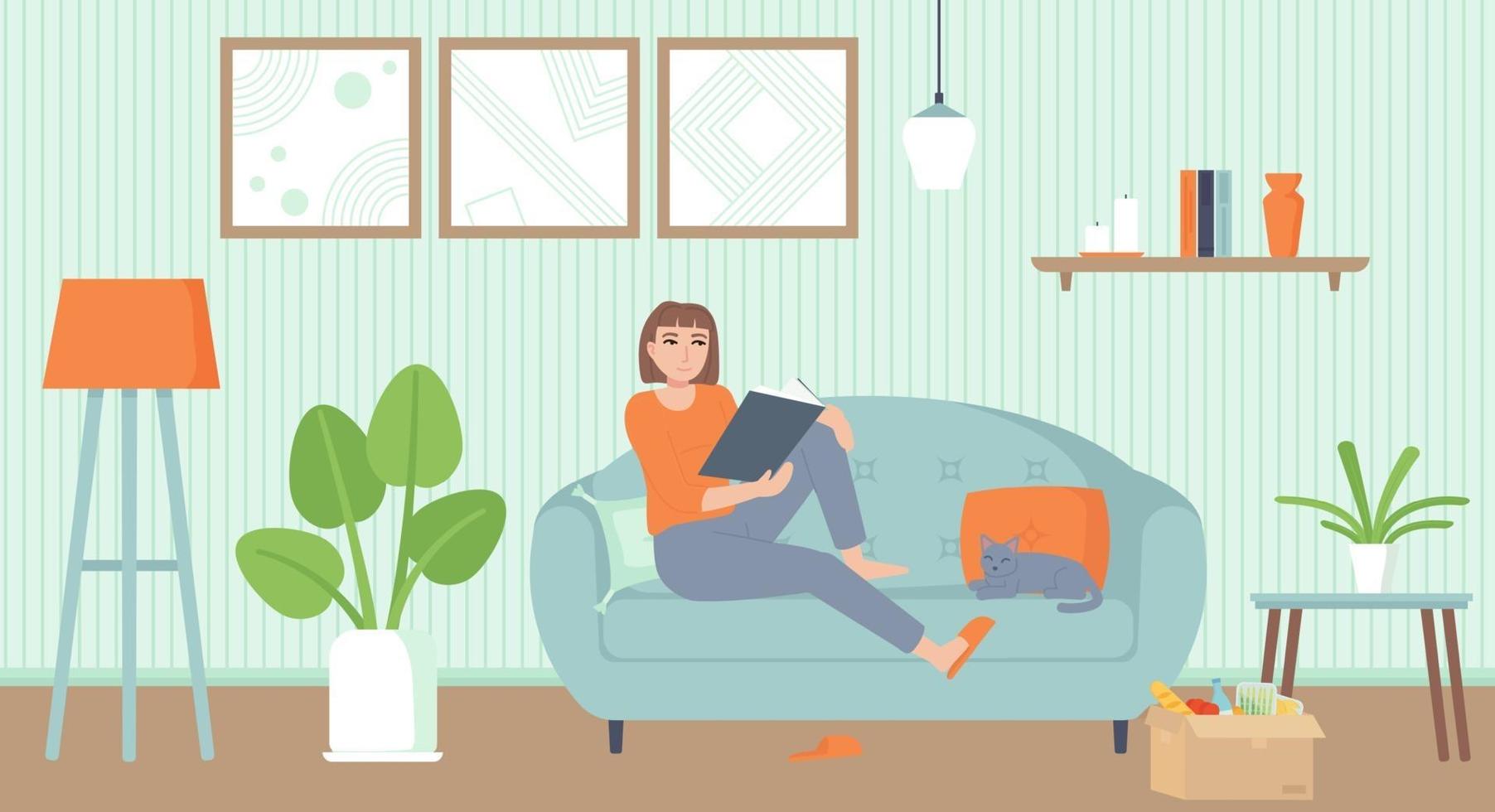 entretenimiento en el hogar período de aislamiento concepto de relajación acogedora sala de estar interior con una niña gato en el sofá leyendo un libro stock vector ilustración en estilo plano de dibujos animados