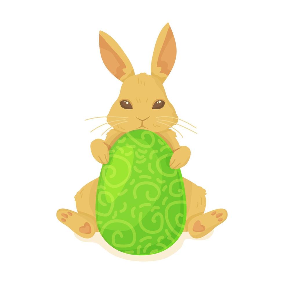 lindo conejito o conejo con adorno verde huevo de pascua caza de pascua concepto de saludo de vacaciones de primavera ilustración vectorial de stock aislado sobre fondo blanco en estilo de dibujos animados plana vector