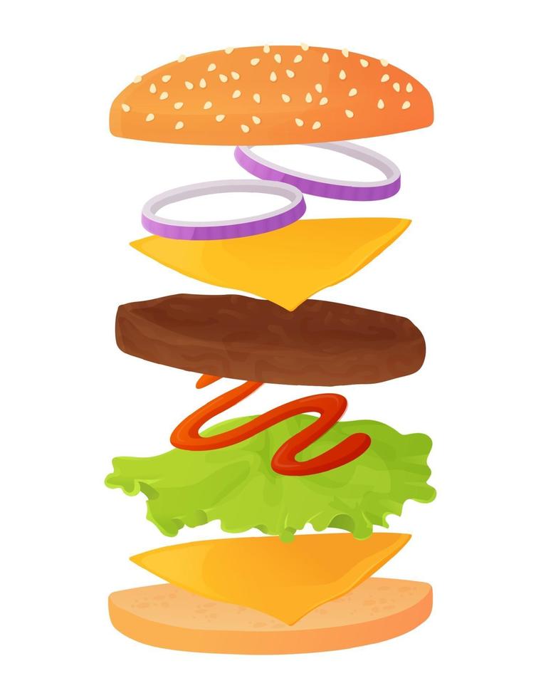 Los ingredientes clásicos de la hamburguesa en capas contienen pan de sésamo, chuleta de beaf o carne, queso, lechuga, salsa de tomate, aros de cebolla, concepto de comida rápida, ilustración vectorial de stock en estilo de dibujos animados plano aislado sobre fondo blanco. vector