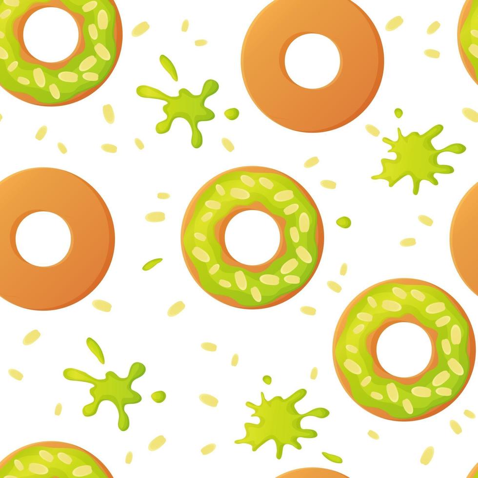 Sweet pistachio colorful baked glazed donuts or doughnuts with nuts seamless pattern with sprinkles and splashes in flat style vector