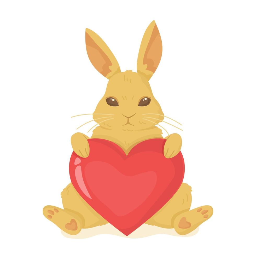 lindo conejito con corazón rojo conejo esponjoso día de san valentín pascua primavera carácter concepto de confesión de amor se puede utilizar como impresión de tarjeta o ilustración de póster aislado en blanco en estilo de dibujos animados plano vector