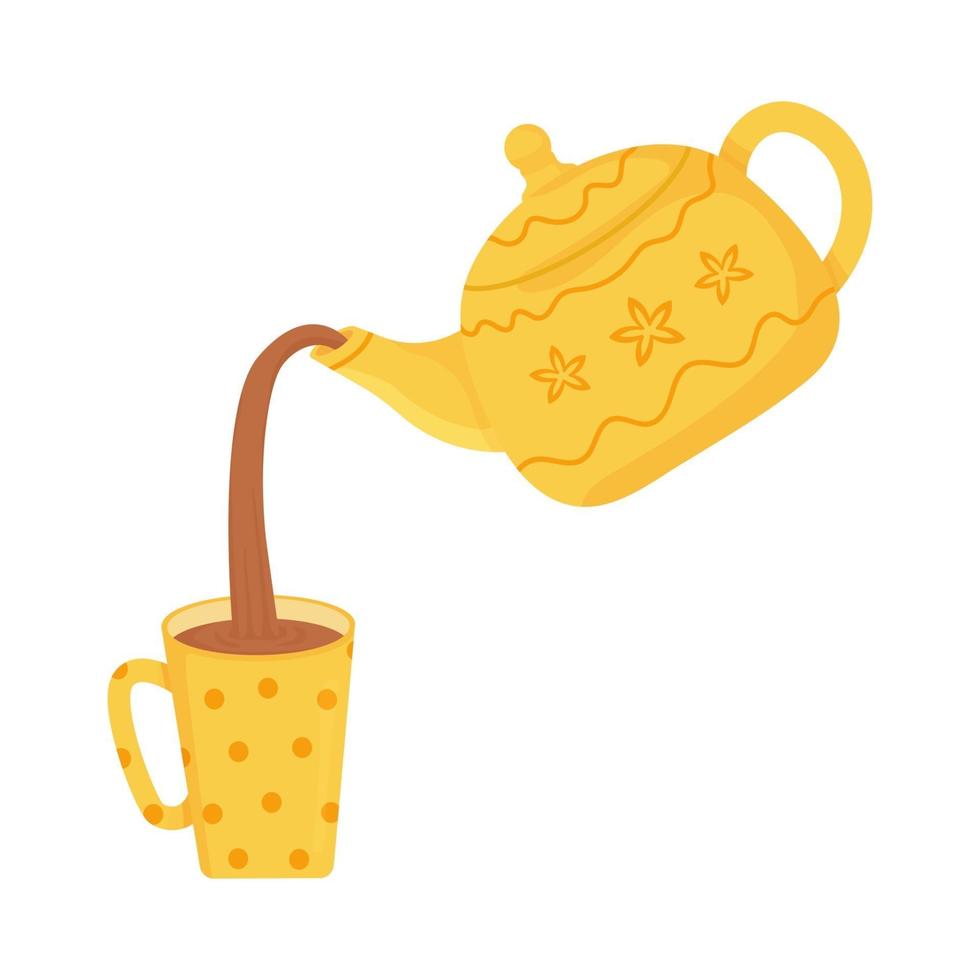 Pouring tea from red polka dots teapot into a cup  Liquid droplets scatter from splash Object isolated  Vector image