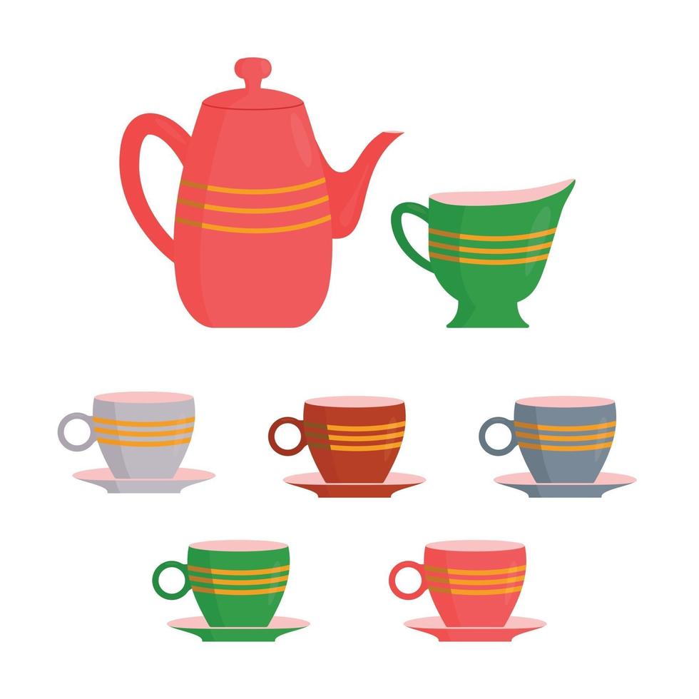 juego de té, caricatura, plano, vista lateral, colorido, conjunto vector