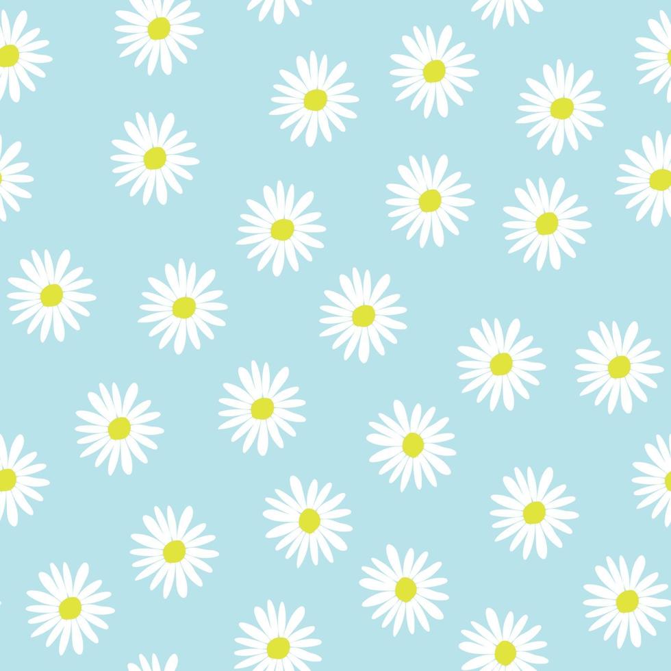 Seamless chamomile flower vector pattern on blue