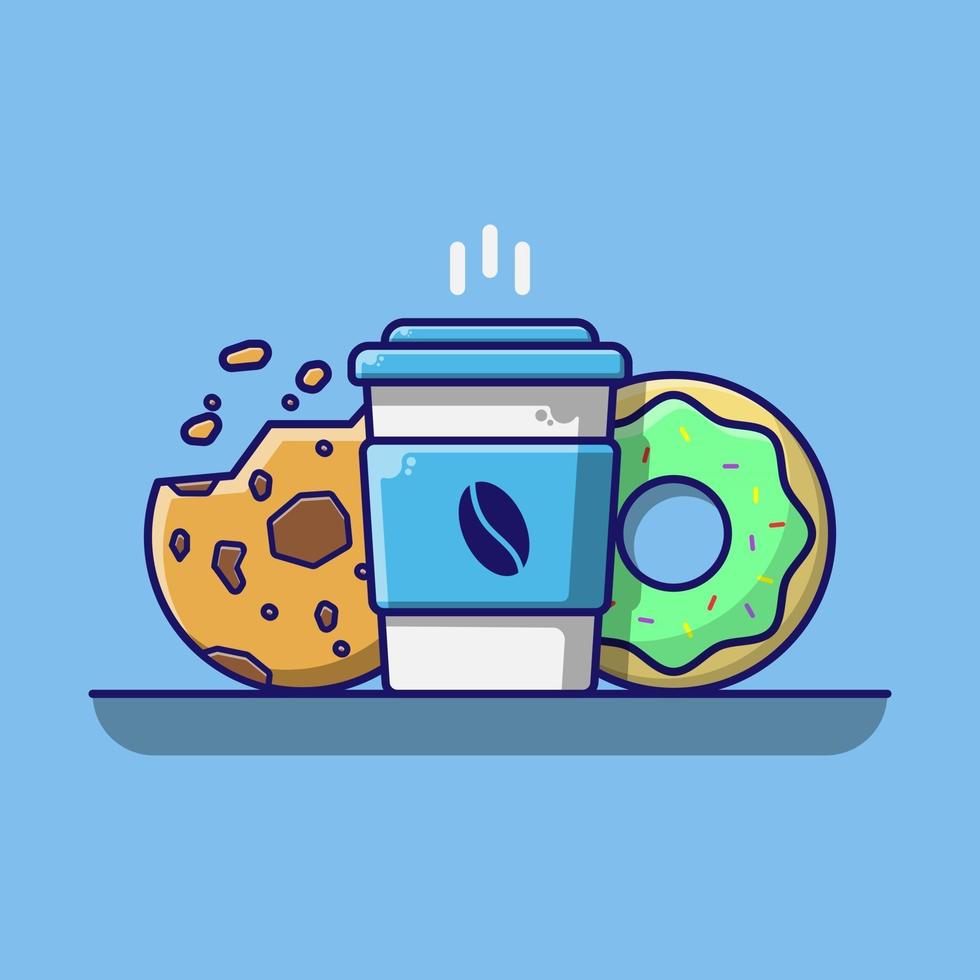 café caliente con rosquillas y ilustración de vector de dibujos animados de pastel