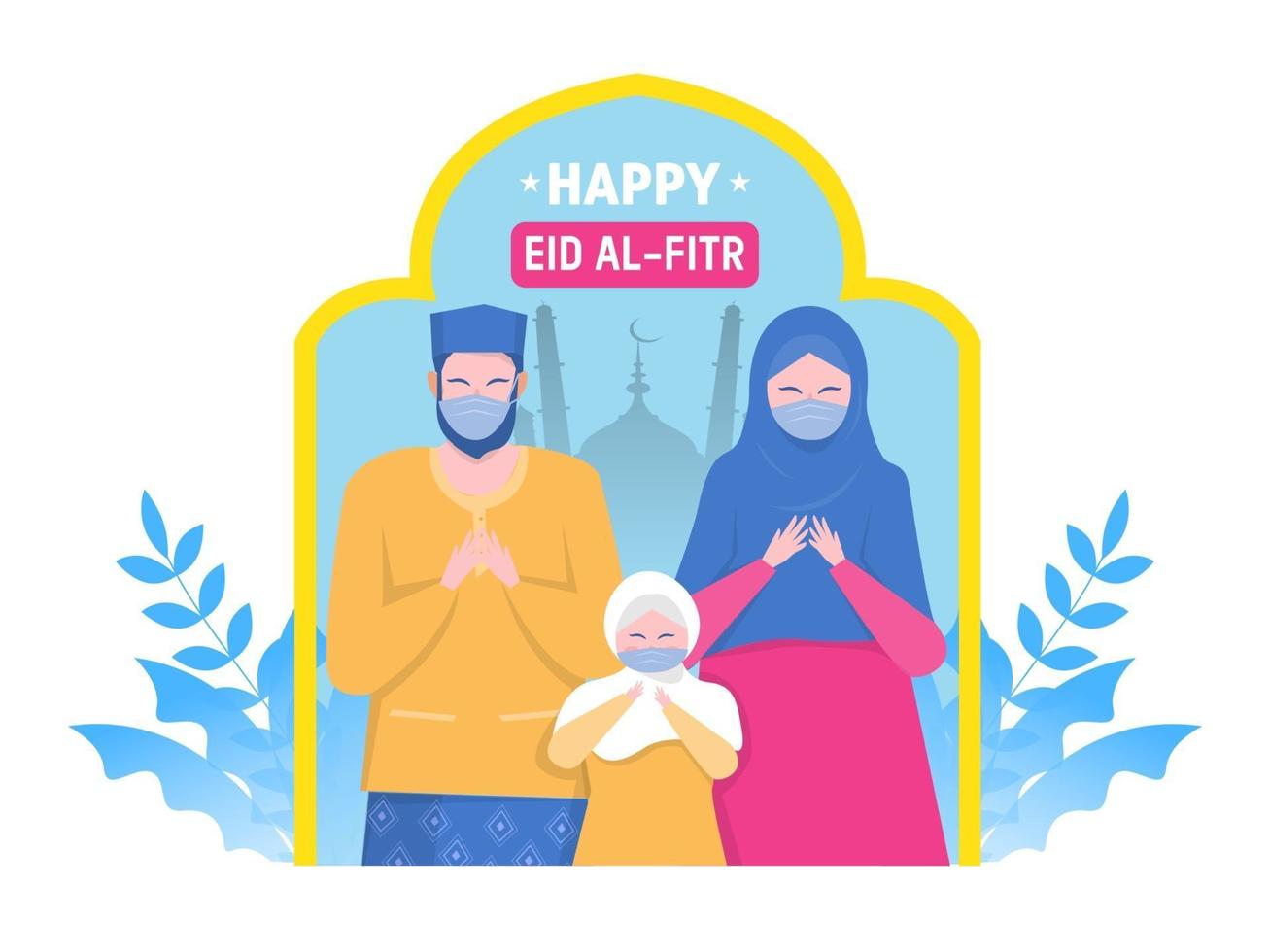 Happy Muslim parents and child pray on religious holiday characters on cartoon flat vector