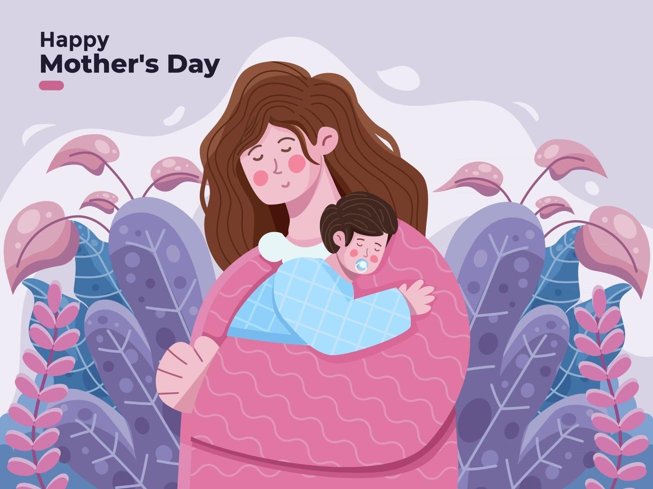 Happy Mothers Day illustration with mom hugging her child with great affection and love. Mother Holding Baby Son In Arms Greeting happy Mothers Day Suitable for banner greeting card postcard banner poster invitation print vector