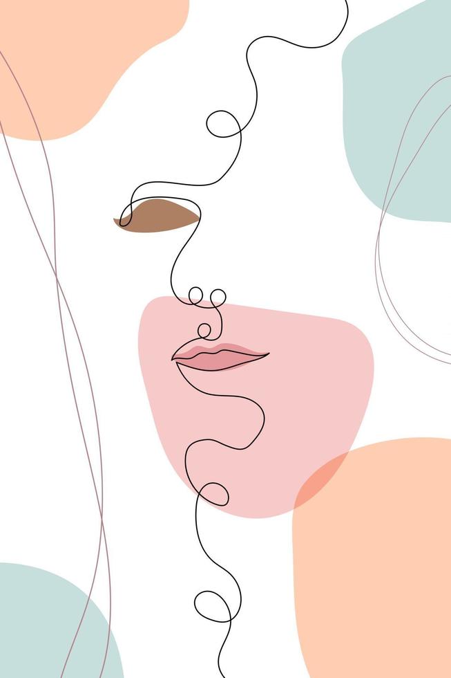 Arte de línea doodle rostro de mujer con contorno continuo de ojos cerrados de cerca retrato femenino con forma abstracta y línea vector